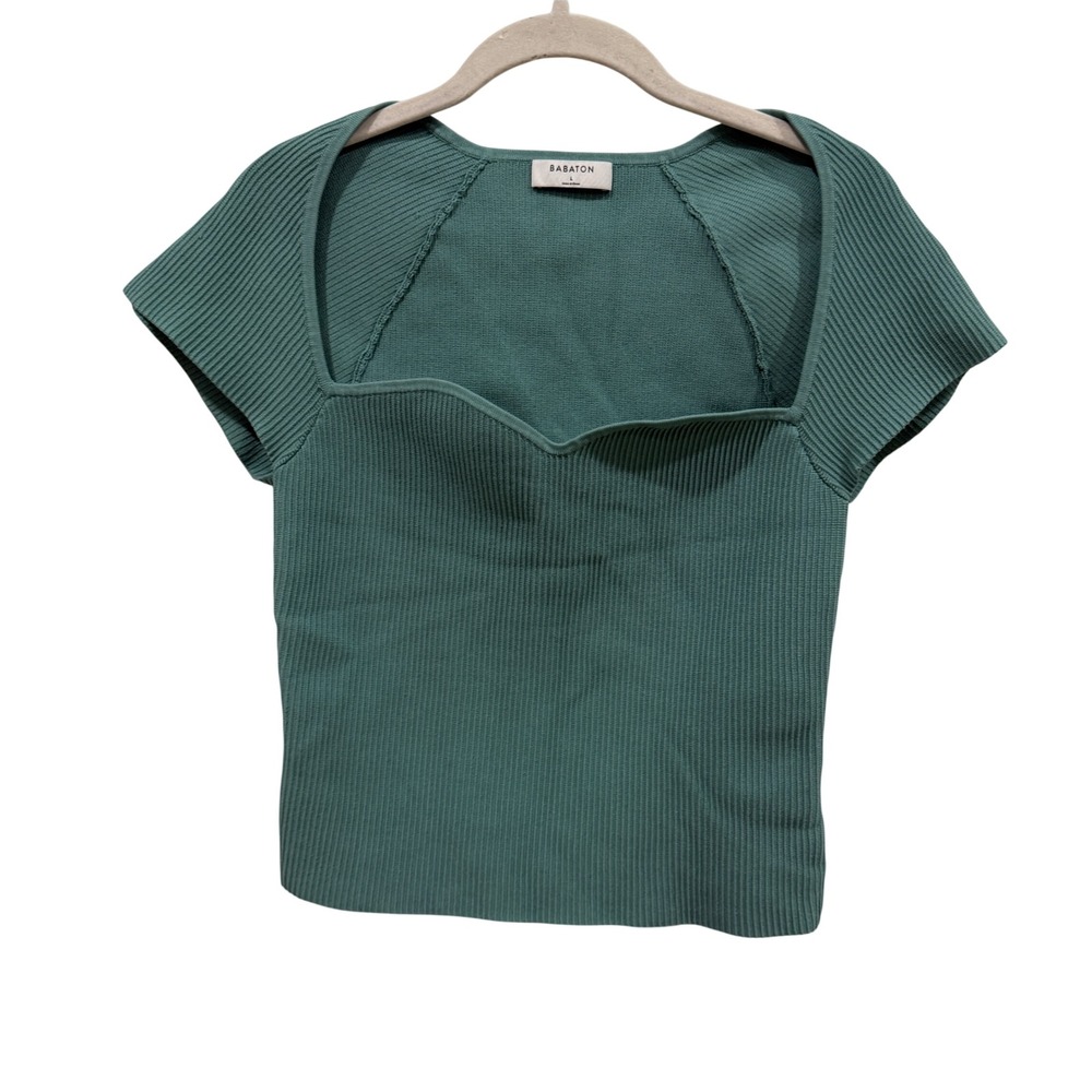 Babaton Sculpt‎ Knit Sweetheart Short Sleeve Top Teal Green Large SPX1-3833-21